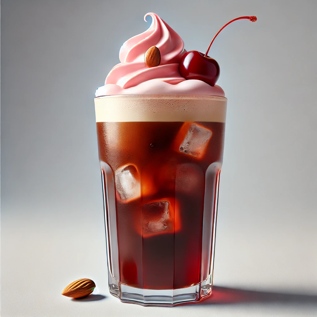 A cherry amaretto cold brew with pink cold foam and a cherry on top for a garnish