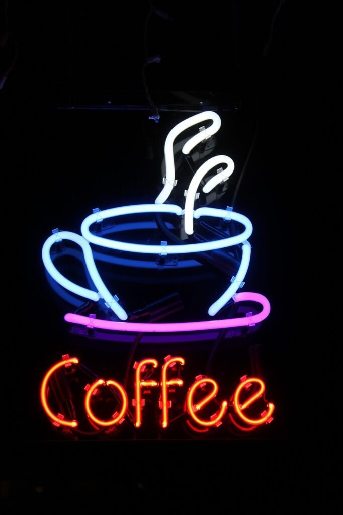 neon, coffee, sign, signage, illuminated, bright, advertising, night, cafe, restaurant, cafeteria, commercial, advertise, black coffee, black restaurant, black night, black neon, neon, neon, neon, neon, neon, coffee, coffee, cafeteria, cafeteria