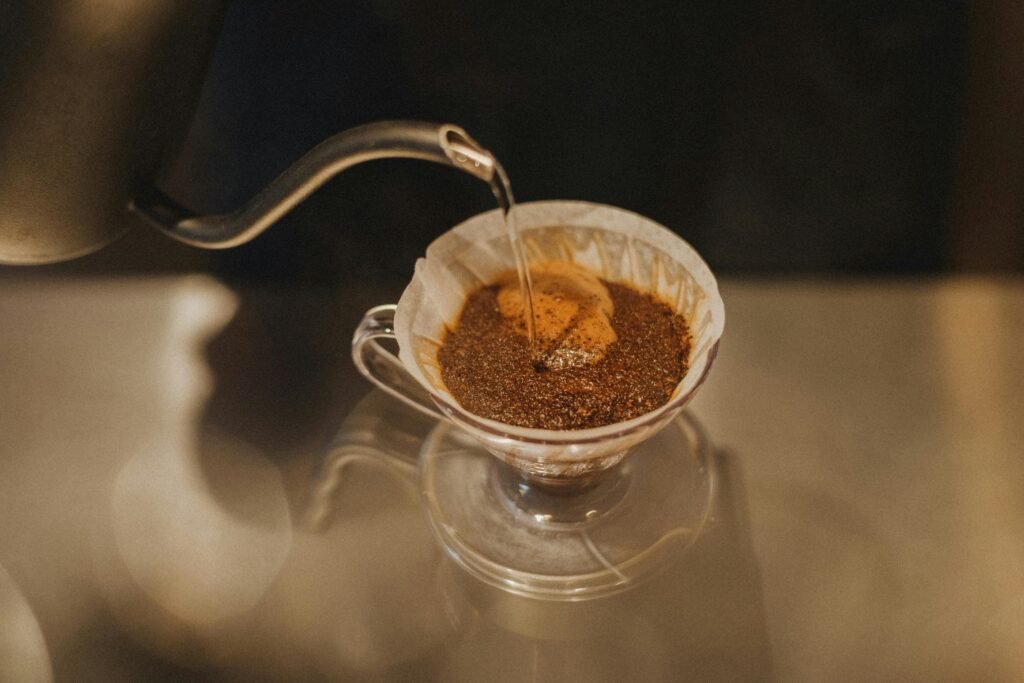 Experience the art of pour-over coffee brewing with this detailed shot from a Tokyo café.