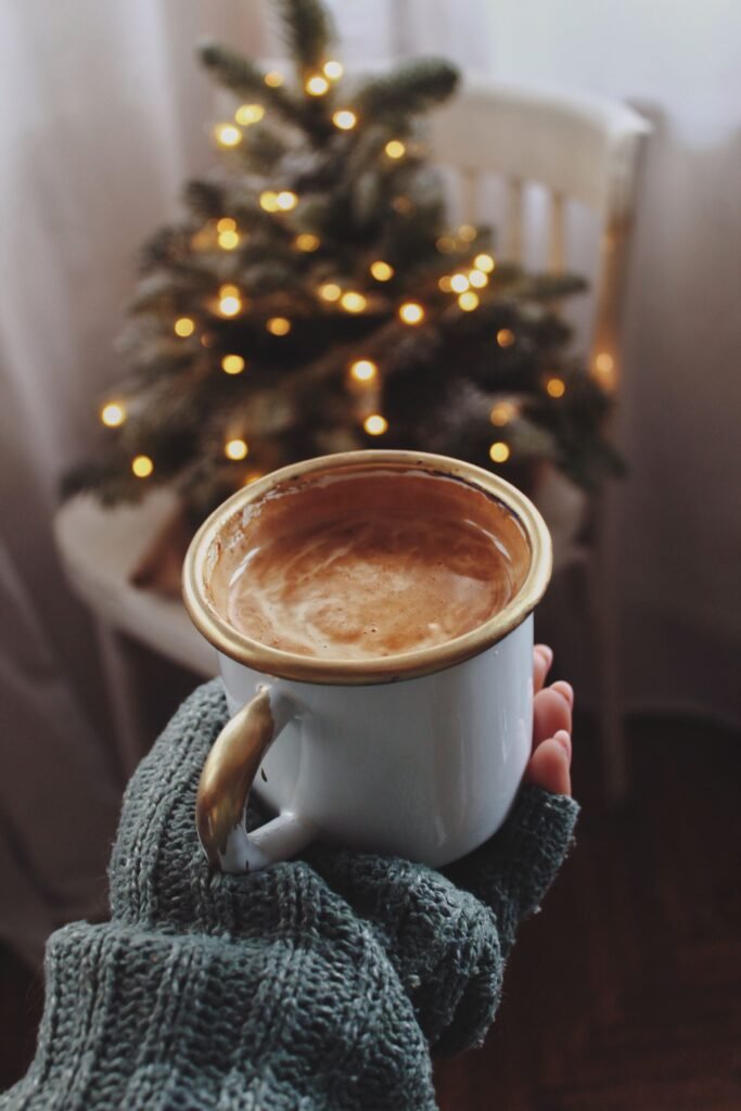 christmas coffe and christmas tree background